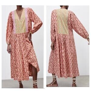 Zara Boho Crochet Trim Paisley Printed Lingerie Sleeve V-neck Midi Dress Pink XS